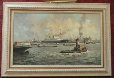 Marinus Johannes "de Jongere" Drulman <br />(Netherlands, 1912-1978)<br />Not Titled (Rotterdam Harbor)<br />Oil on Canvas<br />Framed: 33 1/4 x 49 in.